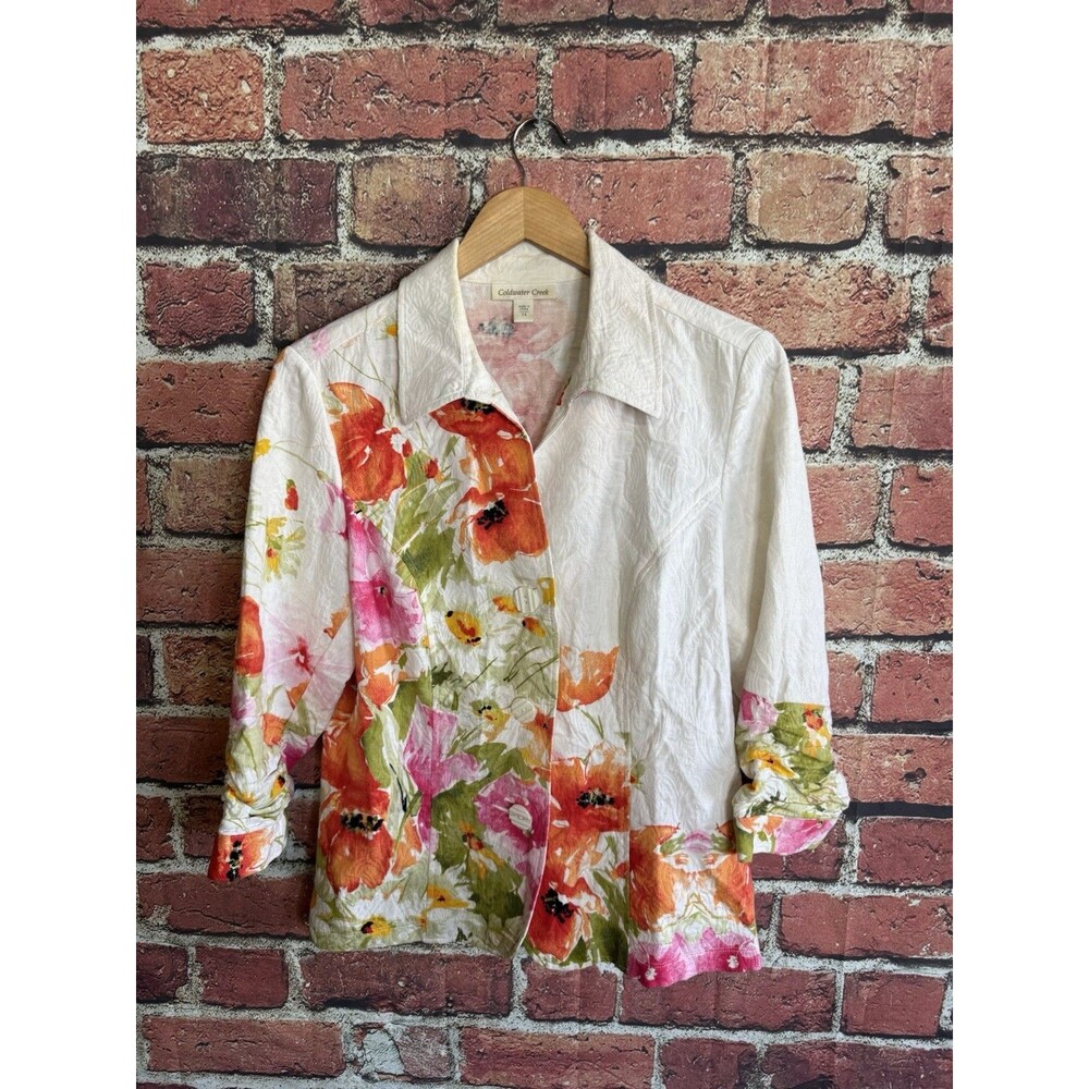Coldwater Creek Womens White Long Sleeve Floral Jacket Size 14